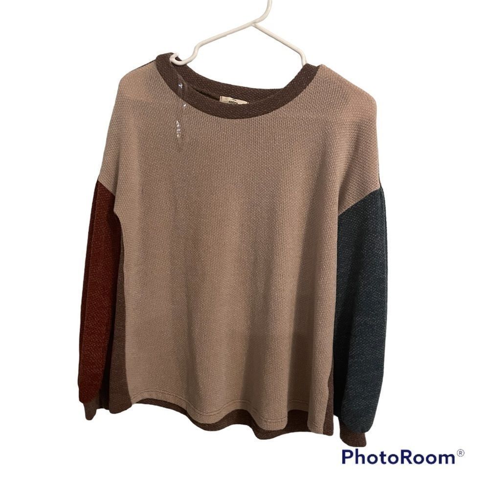 Entro color block sweater tan brown green maroon‎ womens small crewneck sweater